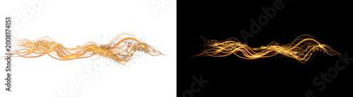 PNG image of Golden light trails with glowing particles, abstract wave of shimmering energy lines, magical gold sparks and flowing motion effect for luxury design isolated on Transparent