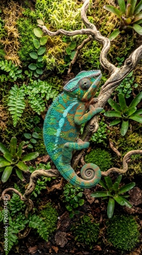 Chameleon perched on a branch in lush green foliage