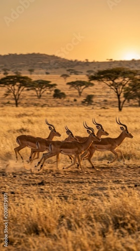 Herd of impalas running across savanna at sunset