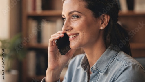 A smiling receptionist engaged in a phone conversation in a contemporary office setting with a bookshelf and plant in the background, conveying a sense of professionalism and approachability.