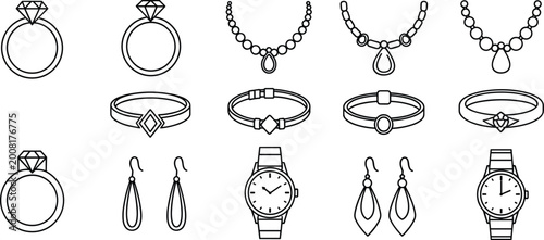 Black and white vector illustration of rings, necklaces, bracelets, earrings, and wristwatches arranged in organized jewelry collection
