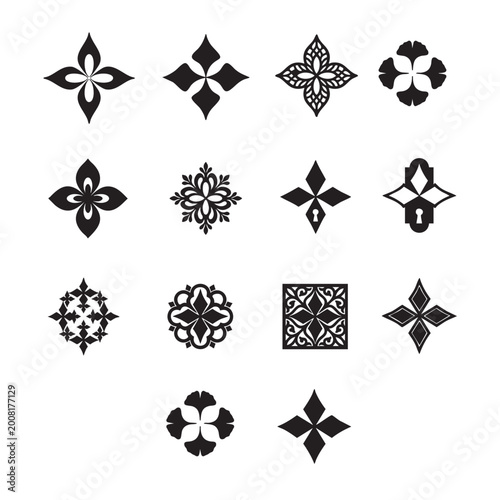 Quadro su tela Set of Geometric Quatrefoil Silhouettes and Architectural Decorative Ornaments