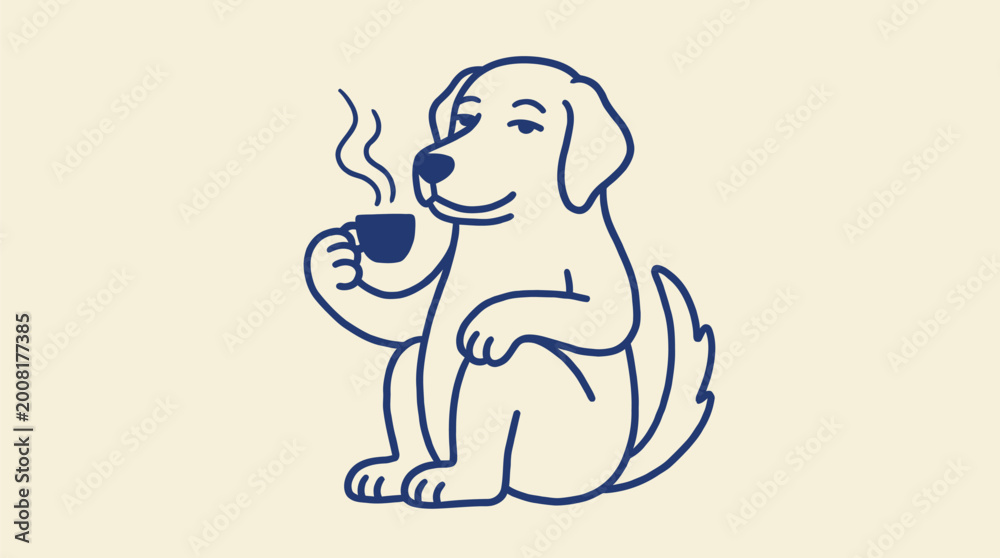 Obraz premium Contented dog sitting and savoring a hot cup of coffee, cozy morning ritual illustration for cafe branding, pet lover merchandise and coffee culture apparel