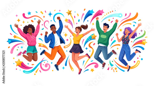 A vibrant vector illustration depicts five diverse cartoon people jumping with joy, celebrating a special event against a clean white background, creating a festive mood with colorful stars