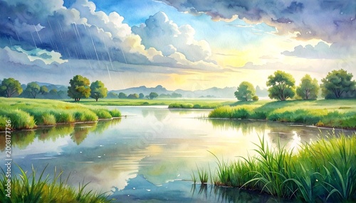 雨上がりの水辺と草地の風景イラスト