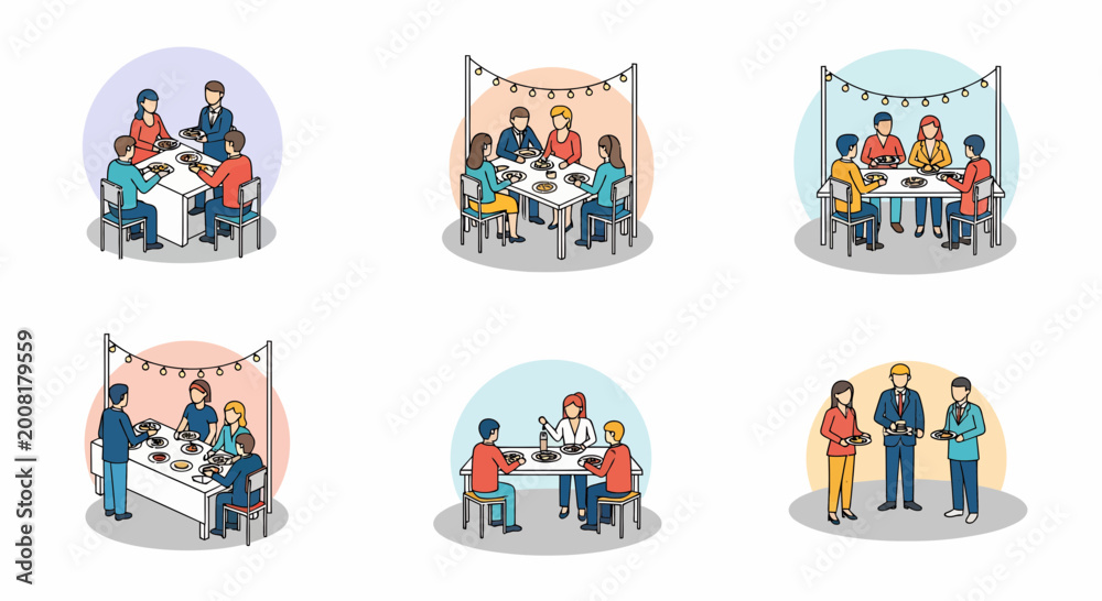 Naklejka premium Group of people sitting at a table sharing food during a festive winter community feast celebration