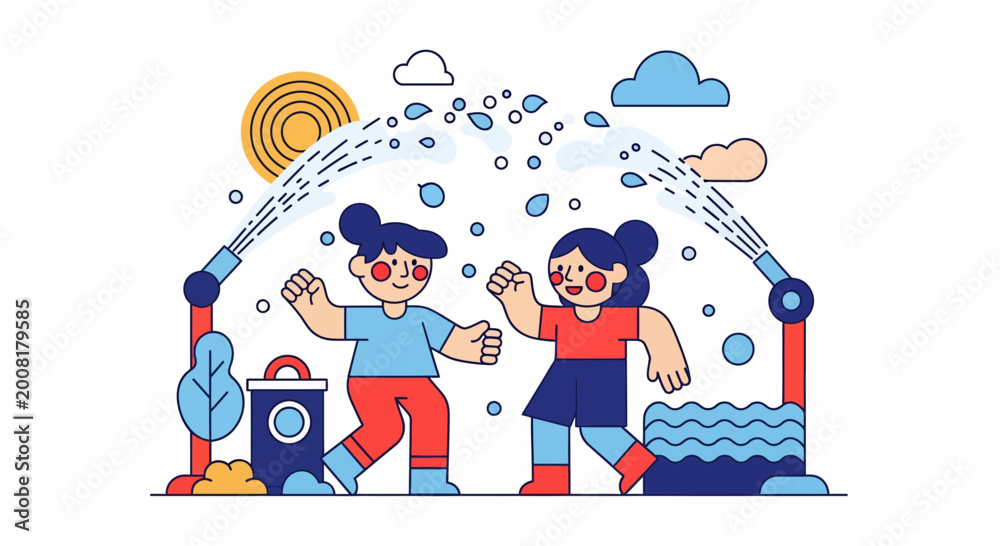 Fototapeta premium Two girls play with water sprinkler on hot sun day in yard for fun joy