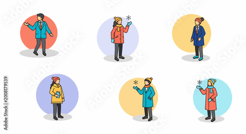 Men and women in winter coats and hats catch snow flakes on a cold day