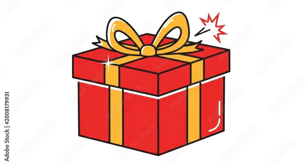 Fototapeta premium Retro Comic Style Red Gift Box with Sparkling Yellow Ribbon and Action Lines
