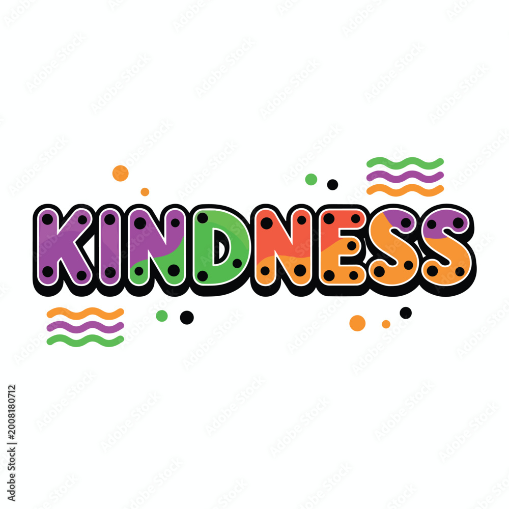 Fototapeta premium Colorful Kindness Typography Illustration With Playful Polka Dots and Wavy Lines.