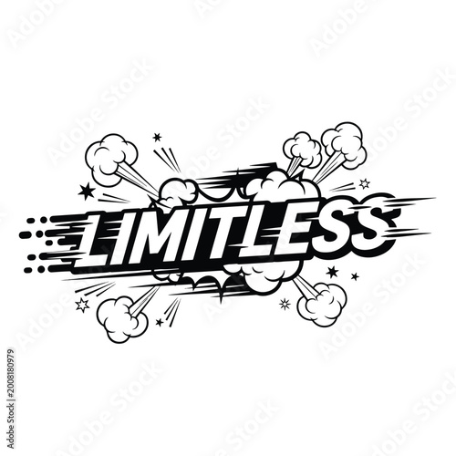Comic book style typography of the word Limitless with speed lines and explosion clouds.