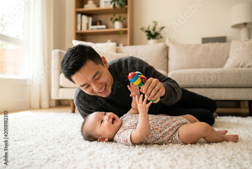 Asian Father and Baby Daughter Playing on Sunlit Rug, Tender Parenting and Bonding Moment