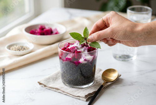 Black Sesame Chia Pudding with Dragon Fruit and Coconut Kefir, Functional Fusion Breakfast
