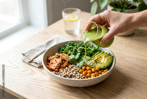 Asian Fusion Gut Health Bowl with Kimchi, Quinoa and Chickpeas, Healthy Clean Eating Concept