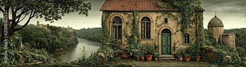 House by the river with plants and trees in a quiet setting