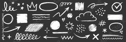 Chalk board underline arrow set. Chalk line hand drawn arrow doodle on chalkboard, blackboard texture. Scribble circle star, heart, crown cute school sign decoration background. Vector illustration