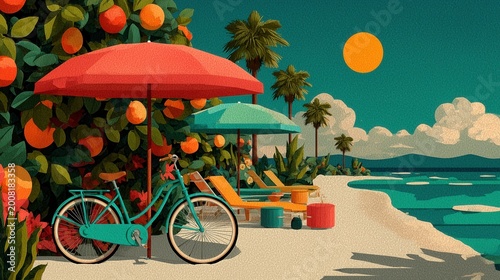 Sunlit beach scene with umbrellas and bike by the shore