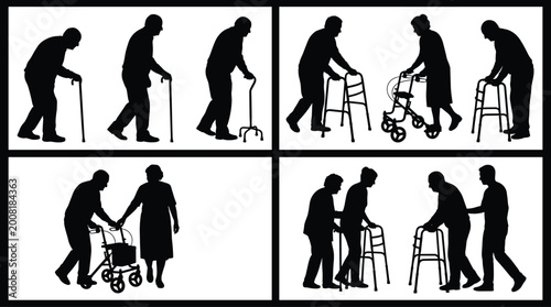 Foto Elderly people silhouettes with walkers and canes senior care assistance mobilit