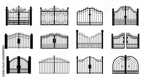 Obraz na płótnie Wrought iron fence set with ornamental metalwork patterns for elegant gates rail