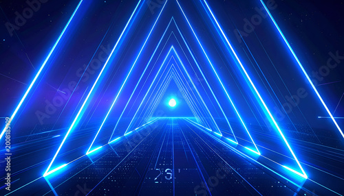 Abstract Neon Blue Triangle Tunnel Futuristic Sci-Fi Background.