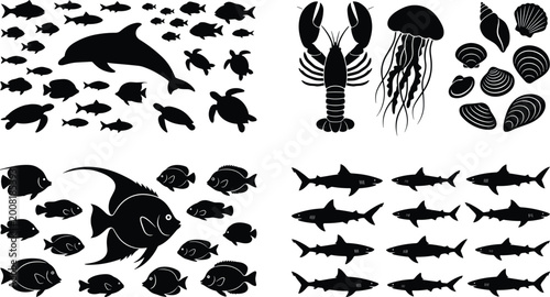 Photos Marine animal silhouettes set with fish sharks dolphin jellyfish lobster shells