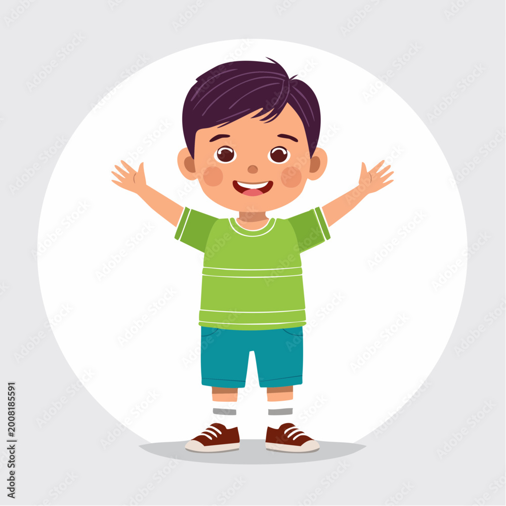Fototapeta premium Happy Cartoon Boy with Arms Raised