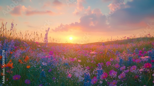 A vibrant wildflower meadow glows under a colorful sunset sky, with rolling hills in the background and a mix of pink, purple, and orange blossoms.