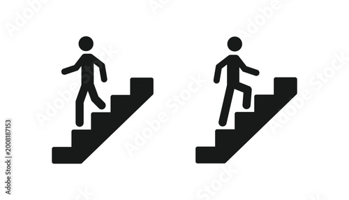 Up and down stairs icon. Man on Stairs going up and down symbol. Climbing up and down stairs icon. Walking up and down the staircase or stairs