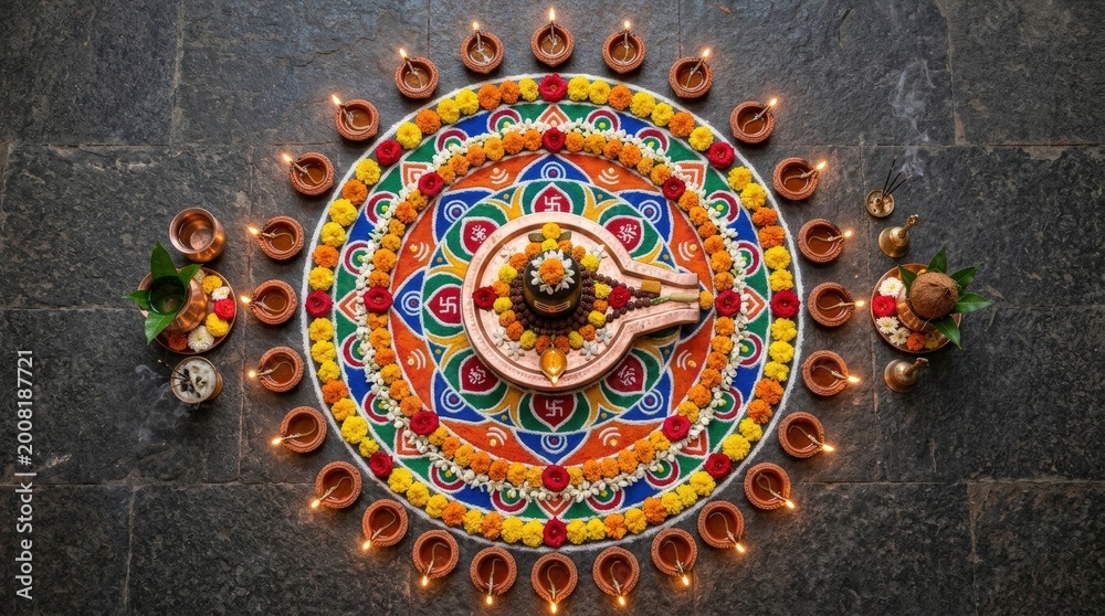 Fototapeta premium Top View Sacred Lingam with Rangoli Pattern and Diya Lights in Symmetrical Ritual Layout