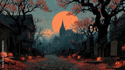 Halloween night in a spooky graveyard with pumpkins and full moon