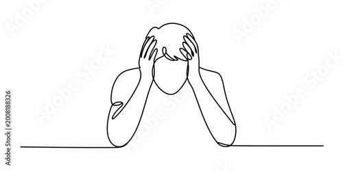 Photos Continuous single line drawing of a stressed person holding head in hands feelin