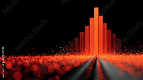 3d red data visualization graph bars rising through digital particles on black background for finance analytics and growth concept