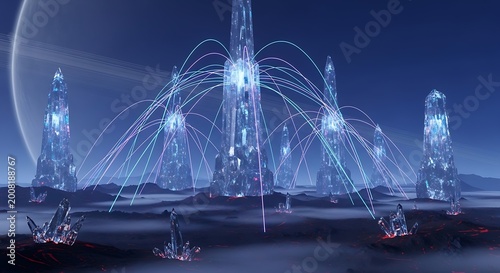Futuristic Alien Crystal City on a Distant Planet with a Ringed Planet in the Sky