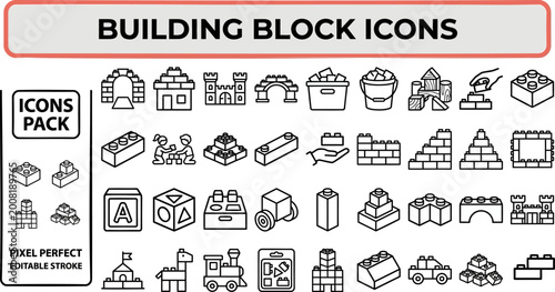 Fotografi Building Block and Construction outline icon set