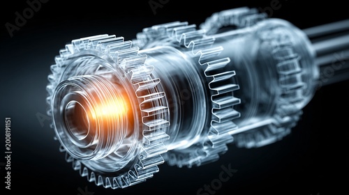 3d industrial gear mechanism with engineering blueprint and digital technology concept