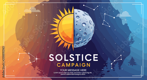 Tableau sur toile A vibrant graphic depicting the duality of day and night, featuring a sun and moon split, with constellations and a forest landscape, promoting a Solstice Campaign