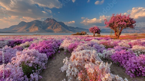 Colorful flowers bloom by the lake near the mountains during sunset