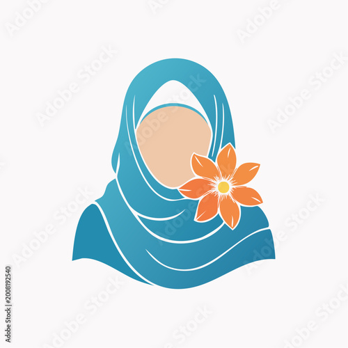 Woman wearing a blue hijab with an orange flower