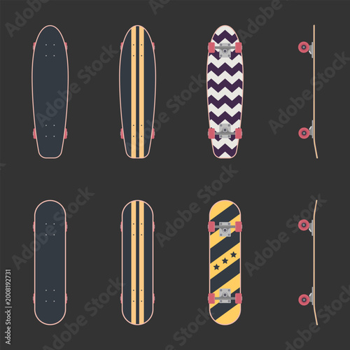 A skateboard set. Colored vector flat illustration. 