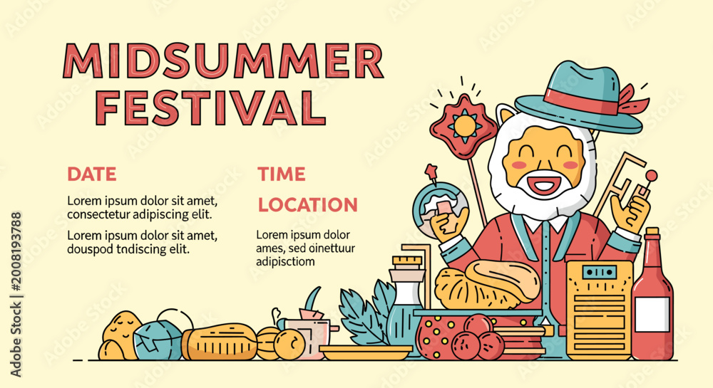 Naklejka premium A vibrant illustration of a Midsummer Festival banner featuring a cheerful bearded man, various food items, and event details, designed in a flat line-art style.