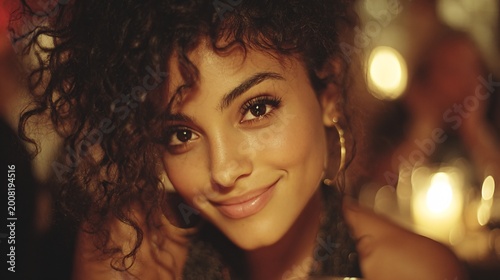 cinematic close up portrait of curly red hair woman with warm bokeh lights and dreamy smile