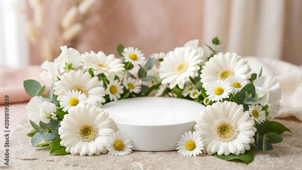 Obraz premium Serene white flower display with delicate daisies and eucalyptus adorning a clean product pedestal, ideal for showcasing