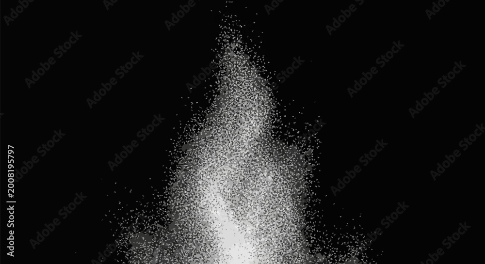 Obraz premium White particle spray rising upward against a solid black background. Detailed fine grain texture of white specks creating a mist or powder explosion effect with high contrast.