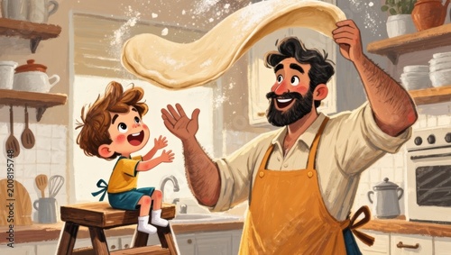 Father tossing pizza dough in kitchen while son watches
