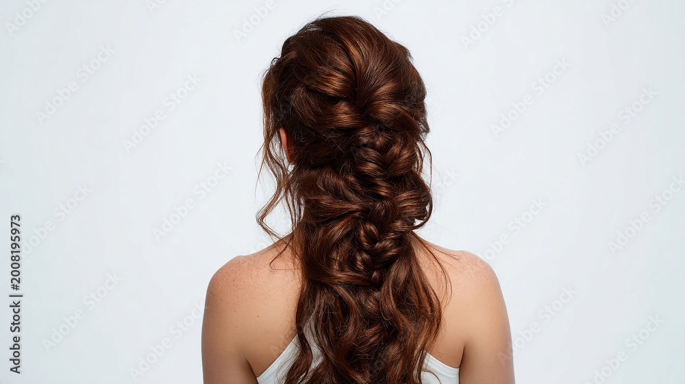 Fototapeta premium Back view of woman with elaborate intricate braided updo hairstyle brunette portrait