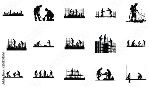 Bilde på lerret Silhouettes of people working and gardening construction farming with manual lab