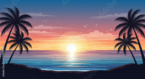 Tropical beach sunset vector illustration featuring silhouetted palm tree fronds, a bright sun setting over the calm sea horizon with ripples, and a colorful dusk sky with birds.