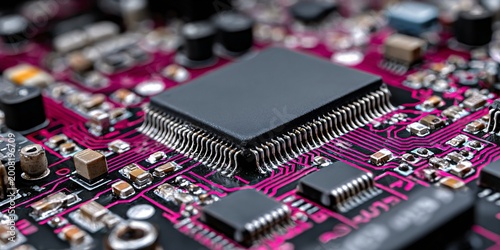 closeup of computer microchip on circuit board with microelectronics and technology concept