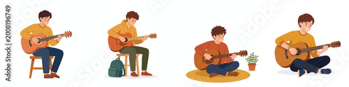Wall Mural A student playing a simple acoustic guitar, flat illustration, minimalist style, no outline, bright warm tones, plain white background