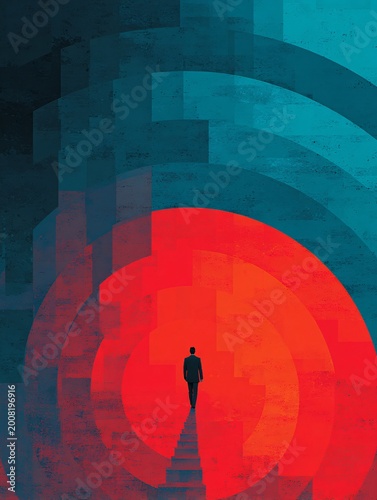 businessman walking through cyber technology tunnel with red digital data sphere abstract background